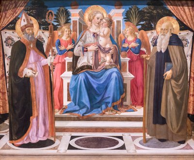 Madonna z Dzieciątkiem na tronie z aniołami, św. Mikołajem i św. Antonim opatem autorstwa Cosimo Rosselli