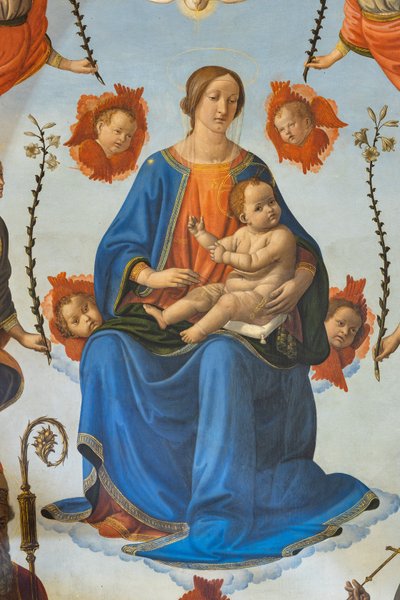 Madonna z Dzieciątkiem w chwale, św. Ambroży, św. Franciszek z Asyżu, Bóg Ojciec i aniołowie, Ołtarz, detal (fresk) autorstwa Cosimo Rosselli