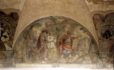Św. Dominik nawracający heretyka, luneta z cyklu fresk Żywot św. Dominika, w krużganku św. Dominika, ok. 1698 (fresk) autorstwa Cosimo Ulivelli