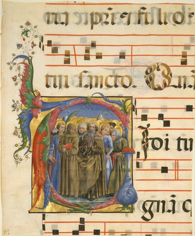 Iluminacja rękopisu ze wszystkimi świętymi w inicjale V, z antyfonarza, 1450-60. autorstwa Cosmè Tura