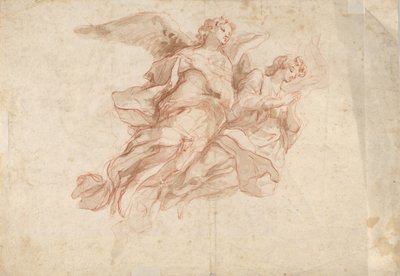 Dwa latające anioły, verso: Bóg Ojciec siedzący w chmurach i szkic lecącej postaci, c1720 autorstwa Cosmas Damian Asam