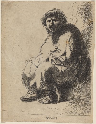 Żebrak siedzący na banku autorstwa Costantino Cumano after Rembrandt van Rijn