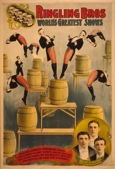 Ringling Bros, najwspanialsze pokazy na świecie bracia Raschetta, wspaniali skoczkowie salto, ca. 1900 autorstwa Courier Company Lith.