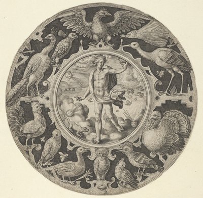 „Aer” w ozdobnej ramce z ptakami, z serii okrągłych wzorów z F..., 1590-1612. autorstwa Crispijn de Passe I
