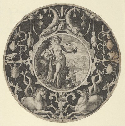 „Aqua” w dekoracyjnej ramce z morskimi stworzeniami, z serii wzorów okrągłych w..., 1590-1612. autorstwa Crispijn de Passe I