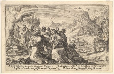 Bóg zawiera przymierze z Noem: przy dymiącym stosie Noe klęka w geście p..., 1612. autorstwa Crispijn de Passe I