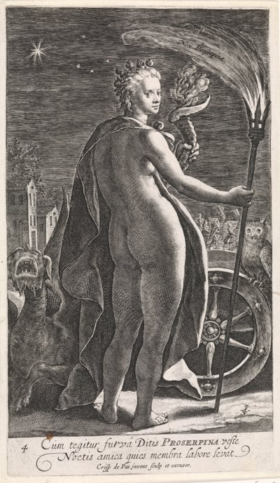Noc Nox Prozerpina (tytuł na obiekcie) Cztery pory dnia (tytuł serii) autorstwa Crispijn van de Passe (I)