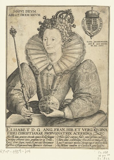 Portret van Elżbieta I Tudor, dziesięć halfen lijve Posvi Devm Aiut Orem Mevm (tytuł na obiekcie) autorstwa Crispijn van de Passe (I)