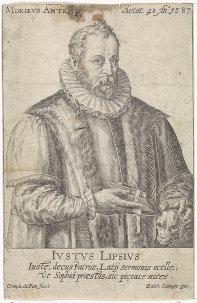Portret Justusa Lipsiusa Moribvs Antiqvis (tytuł na obiekcie) autorstwa Crispijn van de Passe (I)