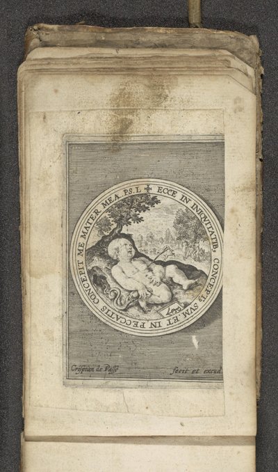 Putto z przebitym sercem Putti przedstawiający słowo Boże (tytuł serii) Verbum Dei (tytuł serii) autorstwa Crispijn van de Passe (I)