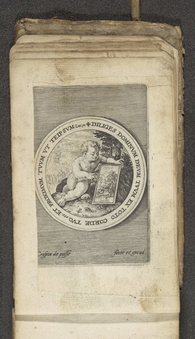 Putto z tabletem Putti przedstawiający słowo Boże (tytuł serii) Verbum Dei (tytuł serii) autorstwa Crispijn van de Passe (I)