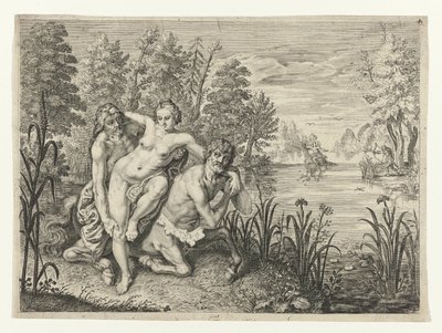 Nessus zabiera Deianirę przez rzekę Dianier Nessusa ustawiony w poprzek strumienia (tytuł na obiekcie) Metamorfozy Owidiusza (tytuł serii) autorstwa Crispijn van de Passe (II) (possibly)