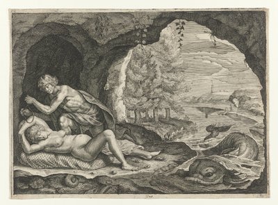 Peleus śledzi śpiącą Tetydę Metamorfozy Owidiusza (tytuł serii) autorstwa Crispijn van de Passe (II)