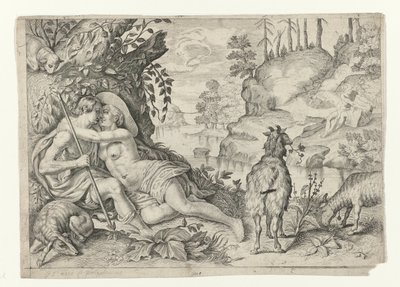 Polifem został złapany przez Acis en Galatea Metamorfosen van Ovidius (tytuł serii) autorstwa Crispijn van de Passe (II)