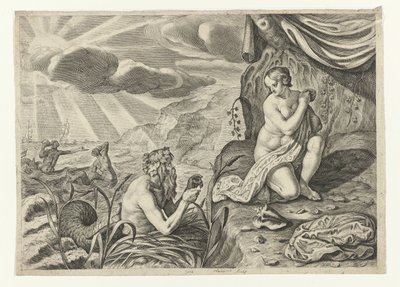 Scylla w biegu z Glaucus Glauci zakochany w Scylli (tytuł na obiekcie) Metamorfozy Owidiusza (tytuł serii) autorstwa Crispijn van de Passe (II)
