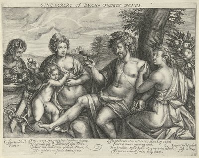 Bachus, Wenus i Ceres w krajobrazie Wenus zamarza bez Ceres i Bachusa (tytuł na obiekcie) autorstwa Crispijn van den Queborn