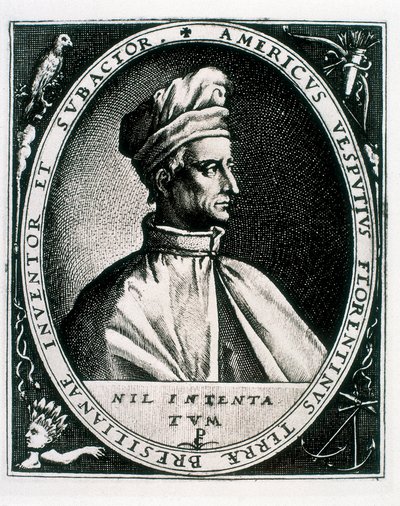 Portret Amerigo Vespucciego, napis „Americus Vesputius Florentinus Land of Bresilian Inventor Subactor” (rycina) autorstwa Crispin I de (after) Passe