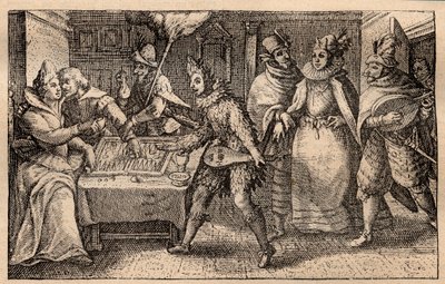 Impreza w tryktrak z przechadzającymi się graczami - holenderski miedzioryt; z zestawu grafik, Hortus Voluptatem, autorstwa Crispina de Passe (1550-1643) - Para grająca w tryktraka zaskoczona pięcioma maskami mężczyzn grawerowanych przez Crispina de Passe  autorstwa Crispin I de Passe