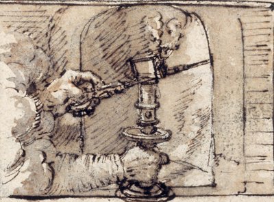 A pair of hands issuing from cloud, snuffing a candle in a candlestick (pen & brown ink with brown wash on paper) autorstwa Crispin I de Passe