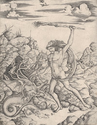 Herkules i Hydra, dzierżąc pochodnię, atakuje skrzydlatego, wielogłowego Hydr..., ca. 1500-1520. autorstwa Cristofano di Michele Martini