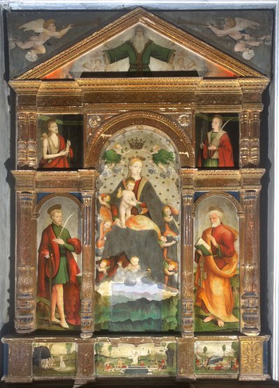 Ukoronowana Madonna z Dzieciątkiem i aniołami, Święty Paweł, Święty Piotr autorstwa Cristoforo (fl.1525 1578) & Pancalino Raffaele (fl.1514 1573) Pancalino