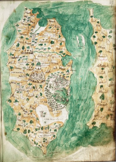 Mapa Khios i przyległego lądu stałego, ok. 1420 r. (Vellum) autorstwa Cristoforo Buondelmonti