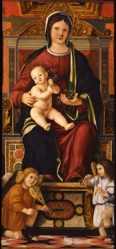 Dziewica z Dzieciątkiem na tronie z dwoma aniołami-muzykami, 1508-1510 autorstwa Cristoforo Caselli