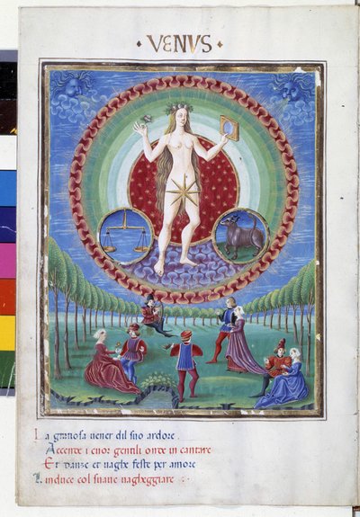 Pochodzi ze znakami zodiaku równowagi i byka. Na dole szarmanckie sceny. Miniatura wykonana przez Cristoforo de Predis (v. 1440-v. 1486) - w „” De Sphaera””” d