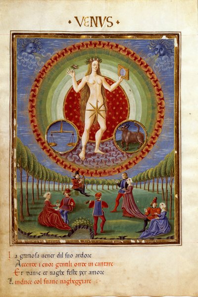 Przyszedł ze znakami zodiaku równowagi i byka. Sceny szarmanckie (miniatura, ok.1470) autorstwa Cristoforo De Predis