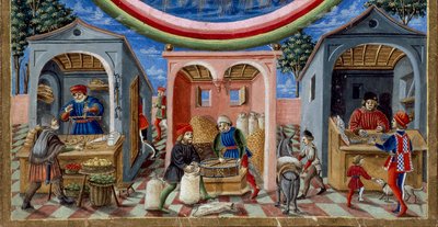 Fragment kupców sprzedających różne przedmioty: po lewej handlarz owocami i warzywami, pośrodku młynarz formujący zboże (Miniatura, ok. 1470) autorstwa Cristoforo De Predis