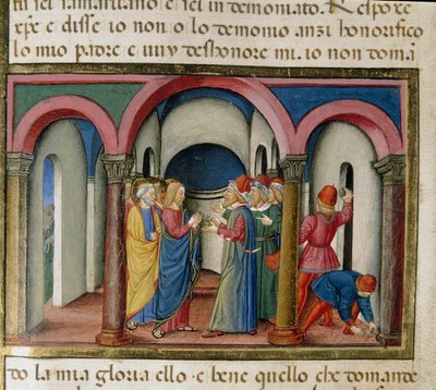 Jezus został interweniony w pobliżu świątyni Salomona przez Żydów, którzy poprosili go o udowodnienie swojej miniaturowej tożsamości Cristoforo De Predis (1440-1486) po Historii Nowego Testamentu autorstwa Cristoforo De Predis
