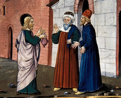 Judasz idzie do księdza i wyznaje zdradę Chrystusa, od Leggendario Sforza-Savoia autorstwa Cristoforo De Predis