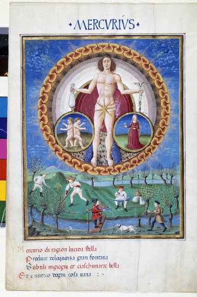 Merkury ze znakami zodiaku Dziewicy i Klejnotów. Na dole chłopi pracujący w polu. Miniatura wykonana przez Cristoforo de Predis (v. 1440-v. 1486) - w „” De Sphaera””” d