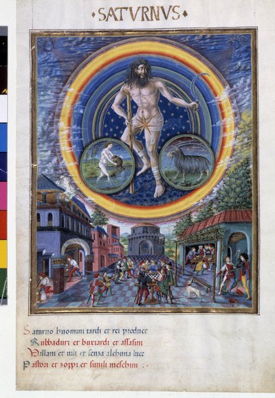 Saturn ze znakami zodiaku Wodnika i Koziorożca. Na dole sceny z gry i jej wpływ na mężczyzn. Miniatura wykonana przez Cristoforo de Predis (v. 1440-v. 1486) - w „” De Sphaera””” d