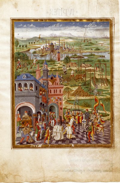 Scena tortur i skazań w średniowiecznym mieście. Wpływy Saturna (miniaturowy, ok.1470) autorstwa Cristoforo De Predis
