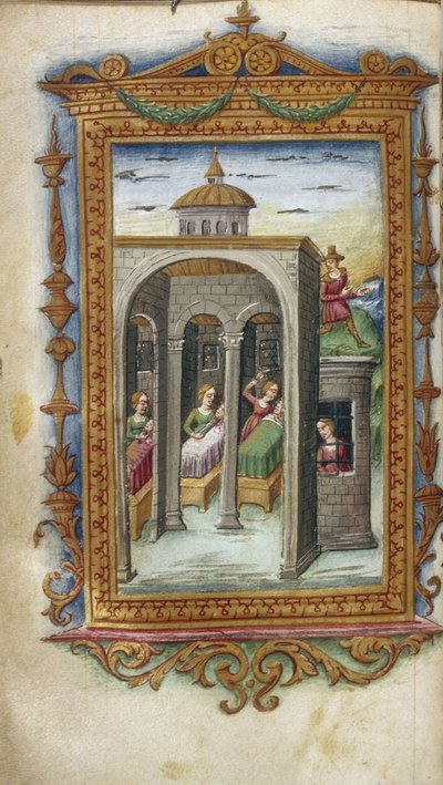 Córki Danausa mordujące swoich mężów. Hypermnestra w więzieniu Ilustracja do Bohaterów Owidiusza, 1485-1499 autorstwa Cristoforo Majorana