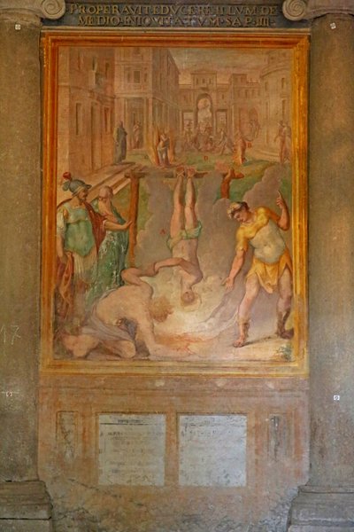 Męczeństwo świętego: spalony żywcem do góry nogami autorstwa Cristoforo and Tempesta, Antonio Roncalli