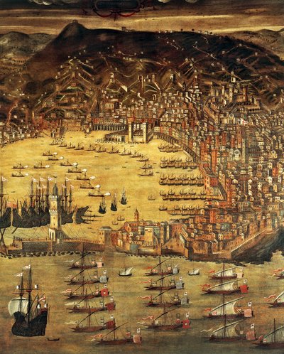Widok Genui i jej portu, Obraz Cristoforo Grassi (1565-1598), Włochy autorstwa Cristoforo de Grassi