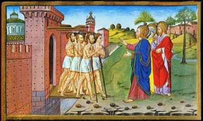 Jezus i trędowaci. Miniatura Cristoforo autorstwa Predis - w Historii nowego testamentu autorstwa Cristoforo De Predis