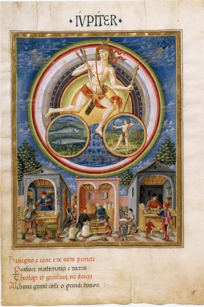 Jowisz ze znakami zodiaku ryb i Strzelca. Kupcy sprzedający różne przedmioty. (miniaturowy, ok.1470) autorstwa Cristoforo De Predis