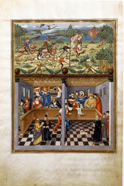 Wpływ Jowisza: polowanie i dwór. (miniaturowy, ok.1470) autorstwa Cristoforo De Predis