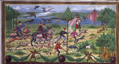 Szczegóły łowieckie w „”Wpływie marca””: łowiectwo i sąd. Miniatura wykonana przez Cristoforo de Predis (ok. 1440-ok. 1486) - w „” De Sphaera ”” ”d