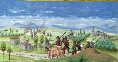 Grabież w czasie wojny. detal "Wpływu Słońca": Wojna. Miniatura wykonana przez Cristoforo de Predis (v. 1440-v. 1486) - w "De Sphaera" d