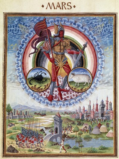 Mars ze znakami zodiaku skorpion i belier. Na dole sceny bitewne. Miniatura wykonana przez Cristoforo de Predis (v. 1440-v. 1486) - w „” De Sphaera””” d