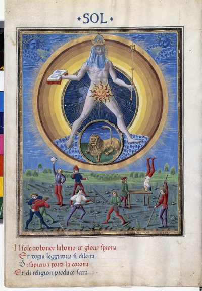 Słońce ze znakiem zodiaku lwa. Na dole są sceny z męskich ćwiczeń fizycznych. Miniatura wykonana przez Cristoforo de Predis (v. 1440-v. 1486) - w „” De Sphaera””” d