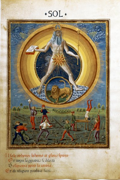 Słońce ze znakiem zodiaku lwa. Sceny męskich ćwiczeń fizycznych. (miniaturowy, ok.1470) autorstwa Cristoforo De Predis