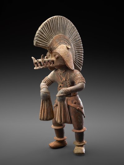 Tancerka w hełmie krokodyla, 300 BC-300 AD (ceramika ze śladami pigmentu polichromowanego) autorstwa Culture Colima