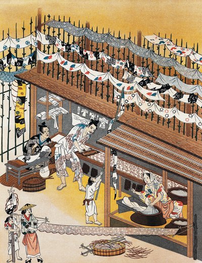 Rzemieślnicy przy pracy, malujący sitodruk, okres Edo (1600-1868) autorstwa Culture Edo