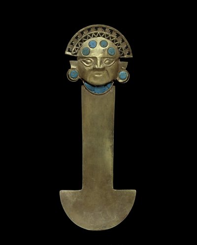 Nóż Tumi, 800-1375 AD (młotkowany, ścigany i filigranowy złoty z turkusową wkładką) autorstwa Culture Sicán