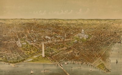 Miasto Waszyngton (widok z lotu ptaka z Potomaku, patrząc na północ) autorstwa Currier and Ives